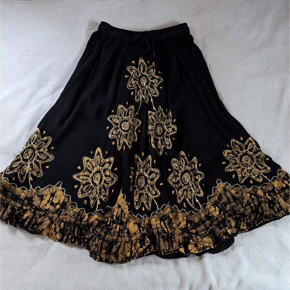 Embroidered Tie-Dye Midi/Maxi Skirt Women's Small/Medium Black Yellow Bohemian - Picture 2 of 7